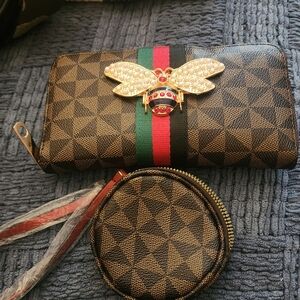 Brown Geometric Wallet with Bee Accent And Coin Purse
